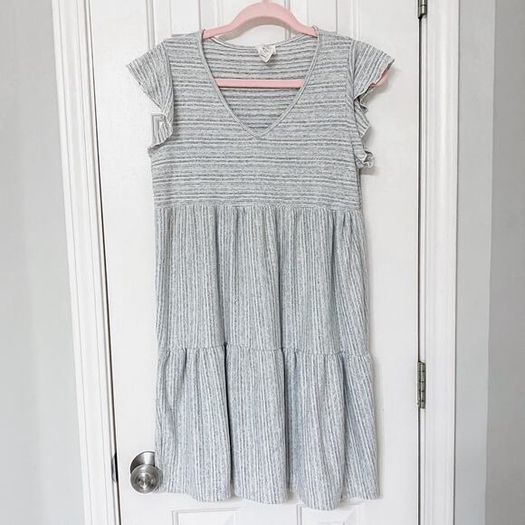 CAUTION TO THE WIND • Gray Striped Frill Tiered Ruffle Sundress - Picture 1 of 6